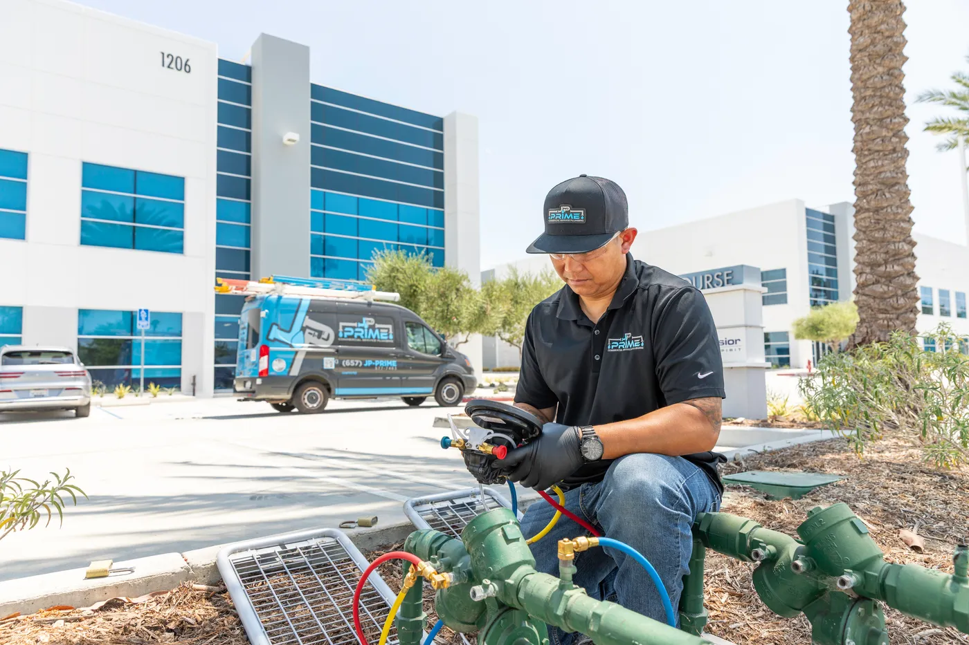 A commercial plumbing technician on a job site